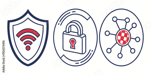 Cybersecurity concepts illustrated with network, encryption, and threat icons