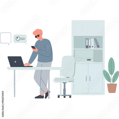 A person working remotely in a cozy home office environment with technology and greenery Vector