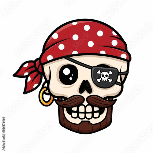 Cartoon pirate skull wearing a red polka dot bandana and eye patch with a gold hoop earring smiles broadly.
