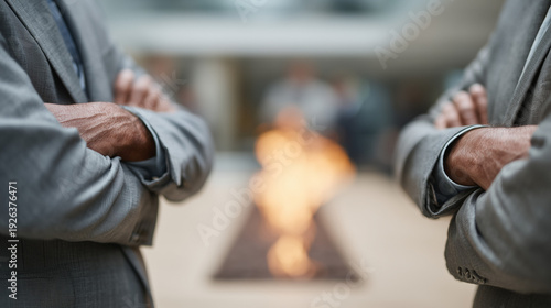 Negotiation Standoff: Two business people stand in a tense negotiation, arms crossed and faces obscured, at the table. Their body language speaks volumes. The background is blurred, drawing focus.