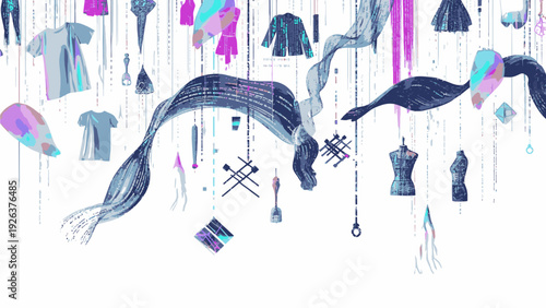 A vibrant and eclectic assortment of clothing and accessories suspended in mid-air against a clean white background with a mix of pastel colors and bold lines.