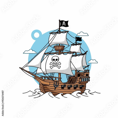 Large wooden pirate ship sails across wavy blue water showcasing white canvas sails adorned with a prominent skull and crossbones emblem.