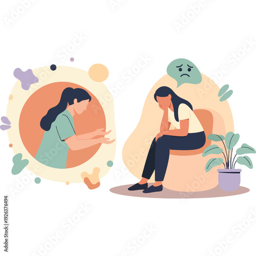 Two women experiencing contrasting emotional states in a modern setting Vector