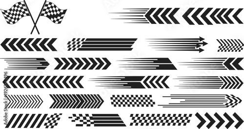 Black racing speed icons with checkered flags chevron arrows and motion lines for automotive sports design fast delivery and competition concept