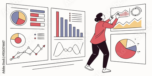 Analyst presenting diverse data visualization techniques on a board for strategic insights