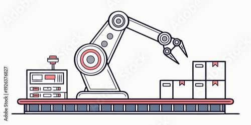 Industrial robotic arm packaging products in an automated manufacturing facility