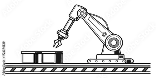 Industrial robotic arm assembling or packaging cylindrical objects on a conveyor belt.