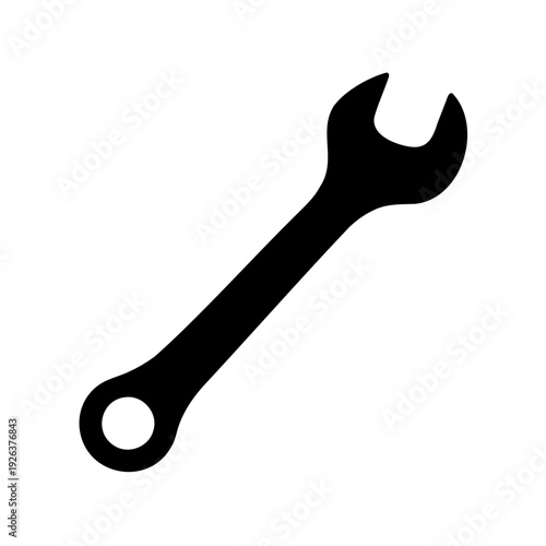 Black silhouette image illustrating a simple open ended wrench on white backdrop