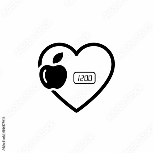 Healthy eating concept: a heart symbol with an apple and a calorie counter, representing health-conscious food choices. 