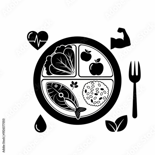 A balanced diet concept with symbols representing healthy eating choices. It illustrates a plate divided into sections, each containing different food categories, such as vegetables, fruits, fish.