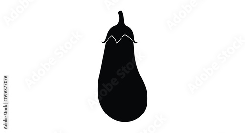A dark minimalist silhouette of an eggplant against a white background silhouette