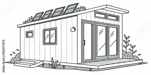 Sustainable tiny home with solar panels and greenery surrounding the structure
