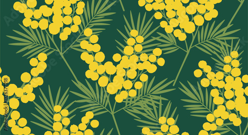 Vibrant Yellow Mimosa Flowers on Dark Green Background Pattern.