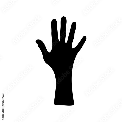 Bold silhouette of a hand reaching up on a plain white background