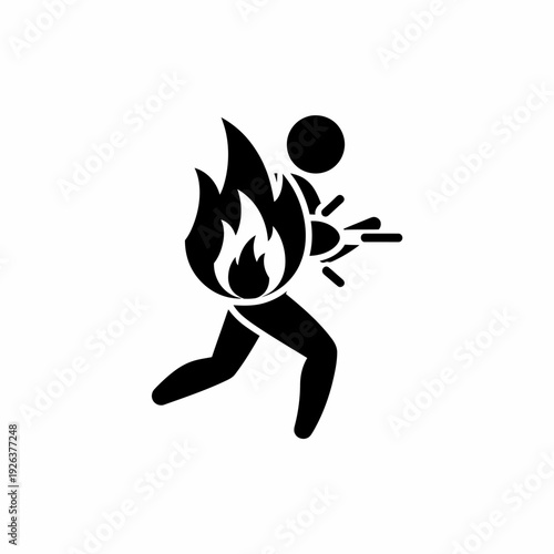 A person is running in fear with the fire on their back. The person is in black color