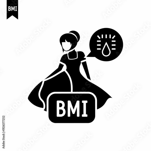 Silhouette of a woman in an elegant dress, with a BMI icon and a thought bubble about well-being