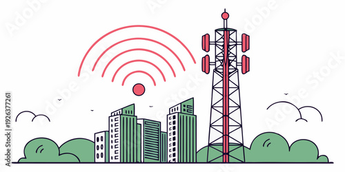 Modern cityscape with wireless communication and cell tower infrastructure.