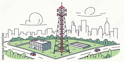 Scenic view of a telecommunications tower amidst a landscaped park area in a city