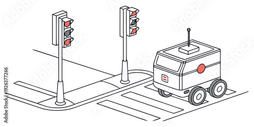 Autonomous delivery robot navigating through an urban intersection with traffic lights