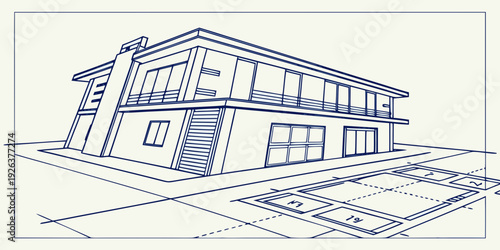 Architectural sketch of a modern two-story house with a pitched roof and large windows
