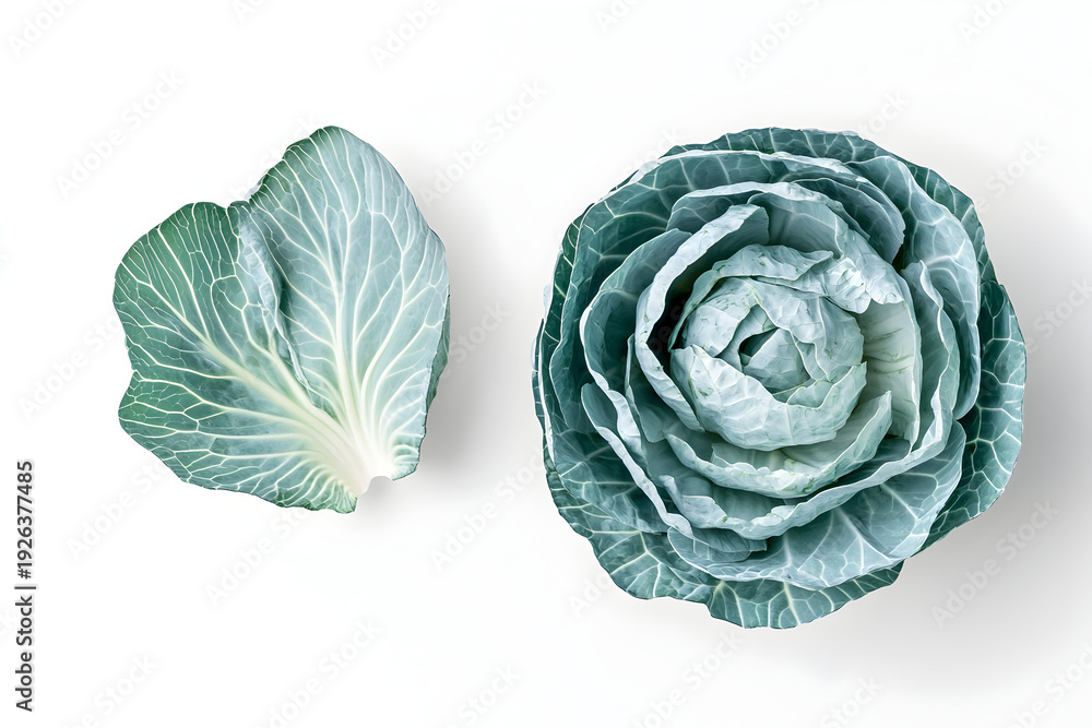 Obraz premium Top view of a fresh green cabbage and a single leaf isolated on white