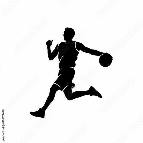 A silhouette of a basketball player executing a dynamic dunk with the ball in hand