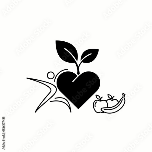 Illustration of health and well-being, featuring heart, fruits, and an active figure.