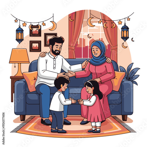 Smiling family in casual clothing together.