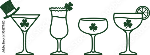 St Patricks Day Shamrock Cocktail Glass Collection Line Art Design