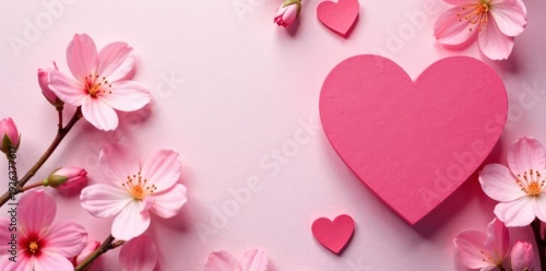 Pastel backdrop, pink blooms, heart shaped paper Mother's Day, birthday gift concept , springtime, paper heart, pink