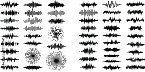 Abstract set of black sound wave waveforms and circular radial frequency audio spectrum symbols for music podcast and digital signal
