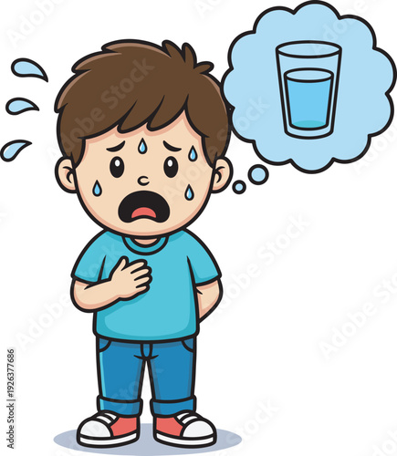 Thirsty boy sweating and thinking about water, dehydration concept cartoon vector illustration isolated on white