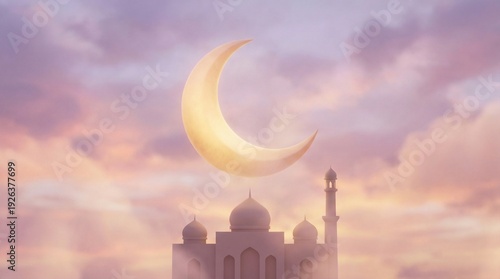 Wallpaper Mural Glowing Crescent Moon Over Minimalist Mosque Skyline at Sunset Torontodigital.ca