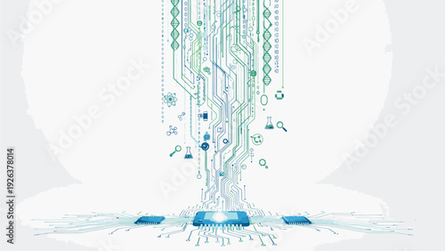 Close-up of circuit board components and wires spilling out of a white sphere onto a flat surface with a shallow depth of field and cool blue tones.