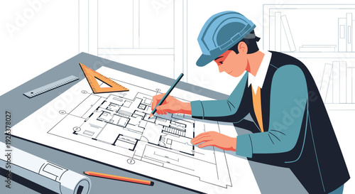 Architect Working on Blueprint Design Project.