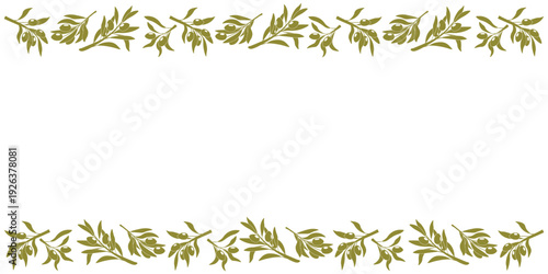 Minimal horizontal frame featuring olive branches with olives and leaves arranged along the top and bottom edges