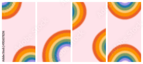 Pride Month rainbow story templates. Blurry grainy gradient background. Minimal LGBTQ celebration vertical social media set. Queer wall decor, art print with LGBT symbol. Vector Illustration.