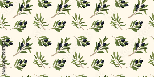 Seamless pattern featuring black olives on olive tree branches with green leaves arranged in a soft repeat on a beige background