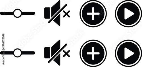 Black media player interface icon set including volume mute, plus button, play symbol and slider isolated on white background vector.