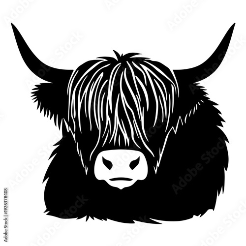 A black and white illustration of a highland cow's head