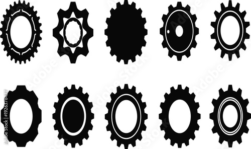 Collection of ten stylized gear vector icons featuring diverse mechanical designs with unique teeth patterns for engineering, machinery, and graphic artwork