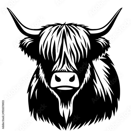 A black and white image of a highland cow's head