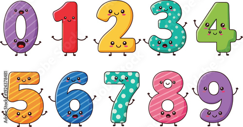 Colorful cartoon numbers set with cute faces minimalist vector illustration for kids education school learning math counting and nursery design