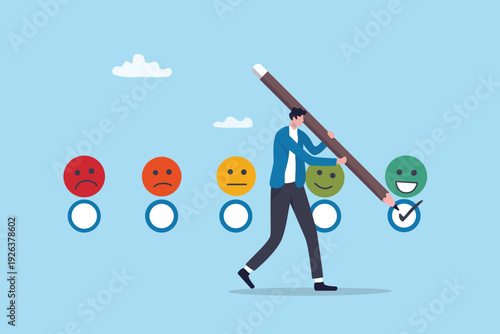 Satisfaction survey feedback, service rating or client evaluation, quality assessment, opinion ranking questionnaire, consumer choice, customer with pencil giving online survey satisfaction rating.