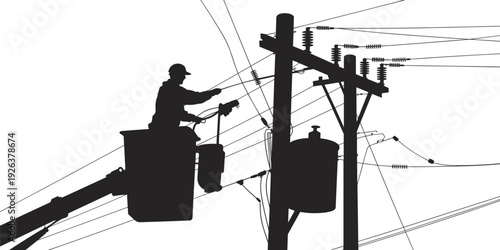 Silhouette utility worker lineman in bucket truck repairing high voltage power lines on utility pole electrical maintenance industry safety work