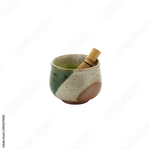 Japanese tea set wooden mortar and pestle tool isolated on white for matcha 