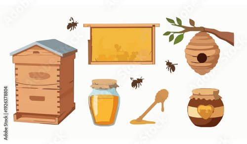 Beekeeping Apiary Equipment Vector Set with Honey Jar Hive Box Honeycomb Frame and Bees