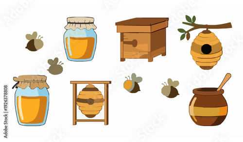Cute Cartoon Beekeeping Elements Vector Set with Honey Jar Hive and Flying Bees