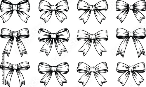 Set of  hand-drawn bow tie elements in a vintage sketch style, perfect for scrapbooking, invitations, and creative design.