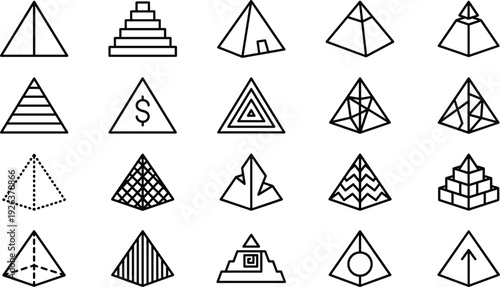 Pyramid icon silhouette collection, geometric designs, step structures, symbolic patterns, architectural variations, artistic illustration, modern vector inspiration
